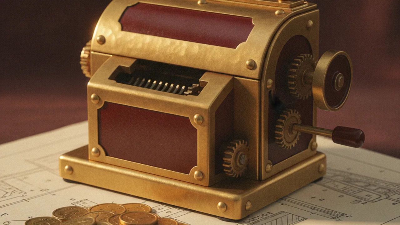 Vintage brass adding machine beside gold tokens