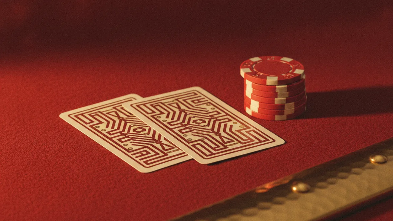 Two face-down cards and a chip stack on oxblood felt