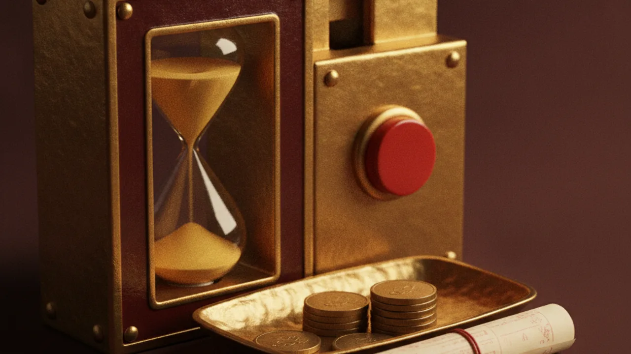 Hourglass with golden sand beside a brass coin tray